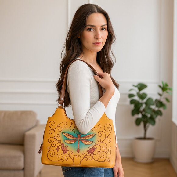 Genuine Leather Printed Shoulder Tote Bag for Women–Top Handle Handbag Daily Use - Picture 2 of 9